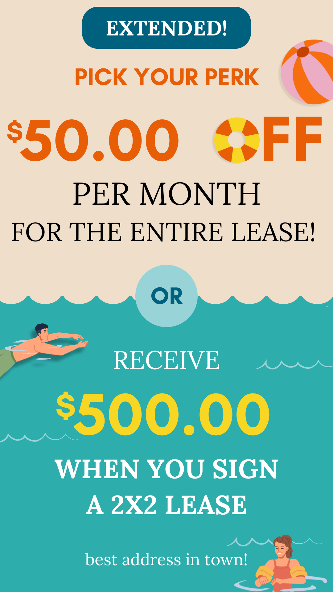 pick your perk! $50 off per month OR receive $500 when you sign a 2x2 lease!